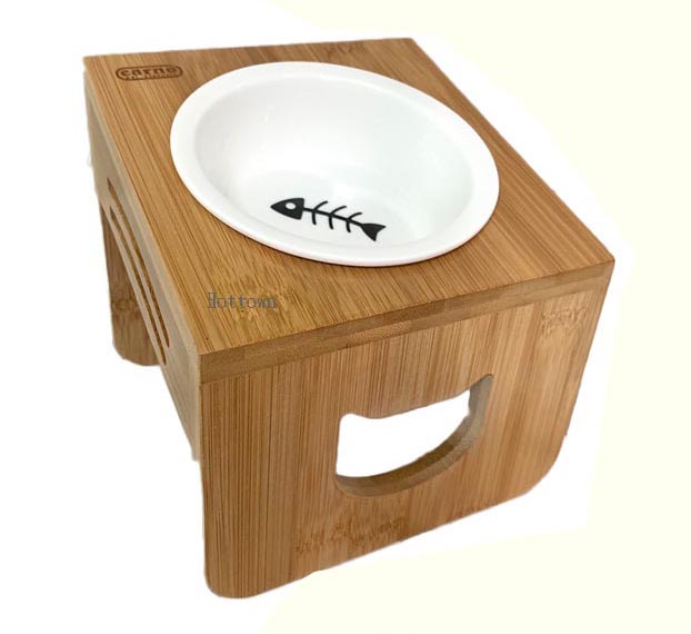CARNO卡諾寵物竹座餐桌附瓷碗,高碗架斜面-單碗